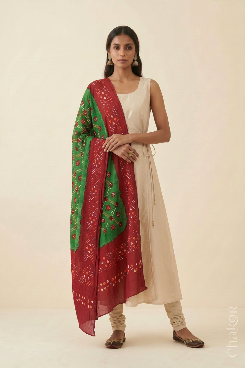Mehendi Green Red Bandhani Mul Cotton Dupatta | Kutch Tie-Dye