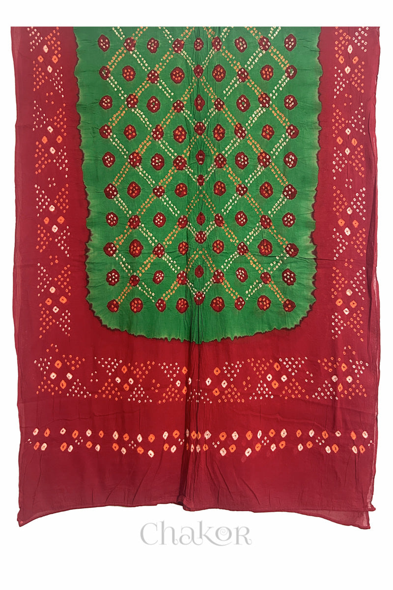 Mehendi Green Red Bandhani Mul Cotton Dupatta | Kutch Tie-Dye