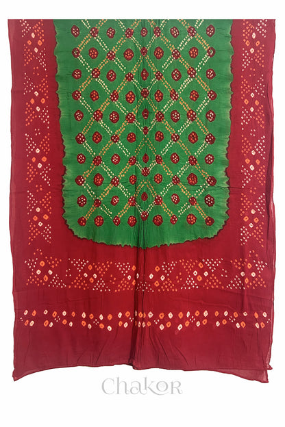 Mehendi Green Red Bandhani Mul Cotton Dupatta | Kutch Tie-Dye