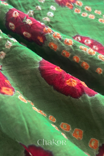 Mehendi Green Red Bandhani Mul Cotton Dupatta | Kutch Tie-Dye