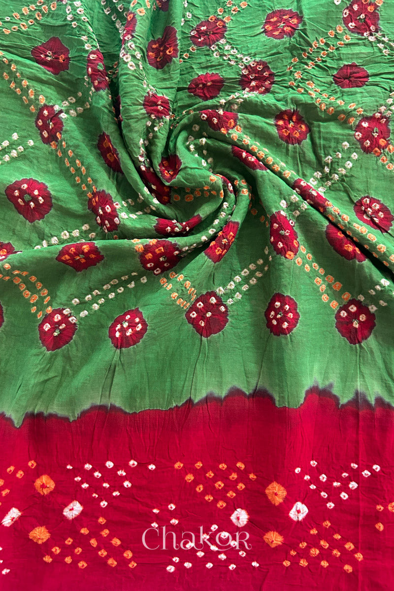 Mehendi Green Red Bandhani Mul Cotton Dupatta | Kutch Tie-Dye