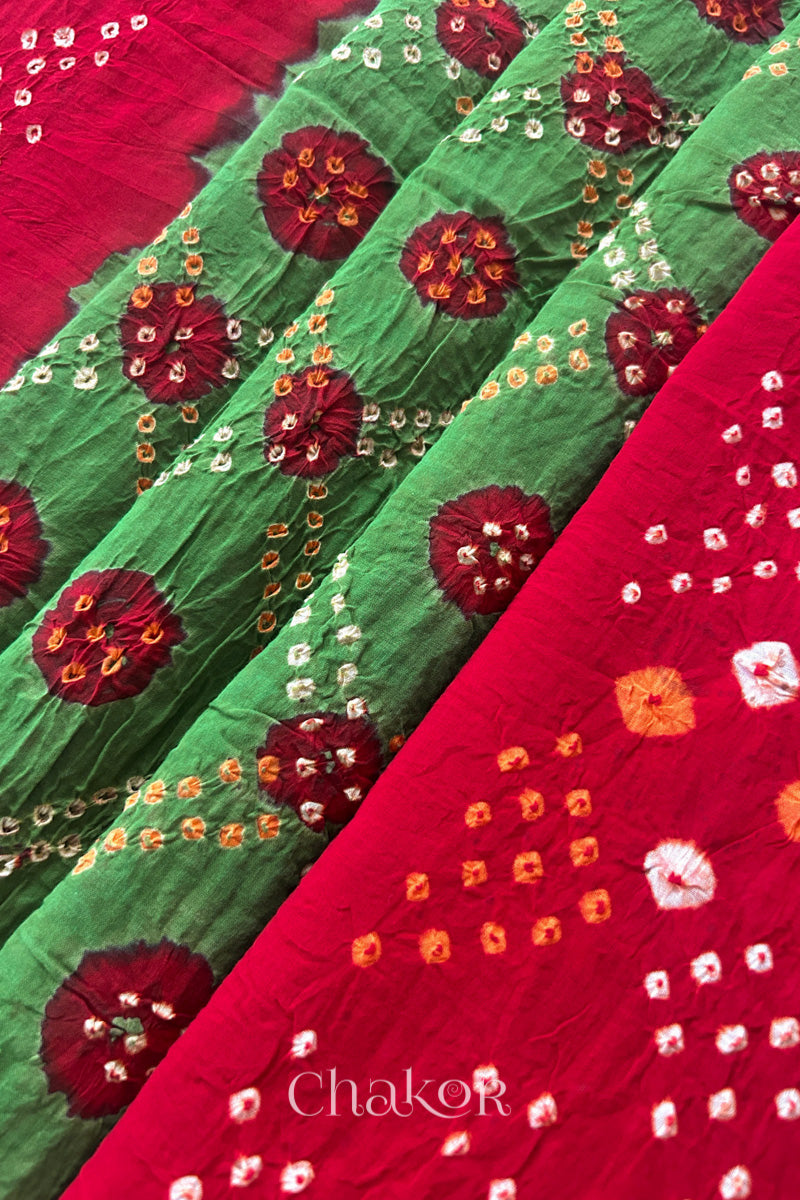 Mehendi Green Red Bandhani Mul Cotton Dupatta | Kutch Tie-Dye