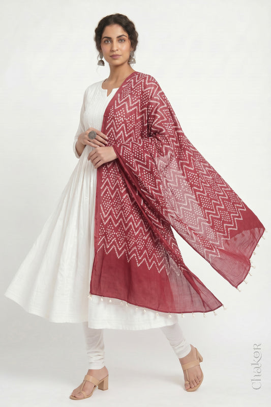 Dusty Red Bandhani Mul Cotton Dupatta | Kutch Tie-Dye