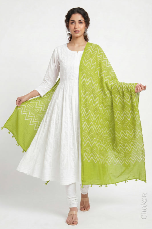 Lime Green Bandhani Mul Cotton Dupatta | Kutch Tie-Dye