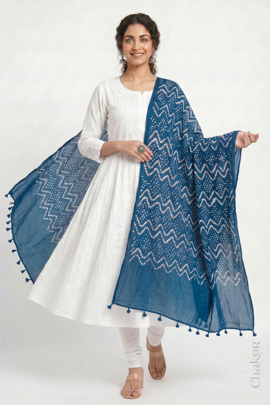 Indigo Blue Bandhani Mul Cotton Dupatta | Kutch Tie-Dye