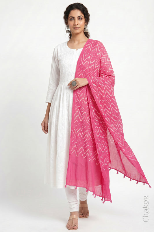 Pink Bandhani Mul Cotton Dupatta | Kutch Tie-Dye