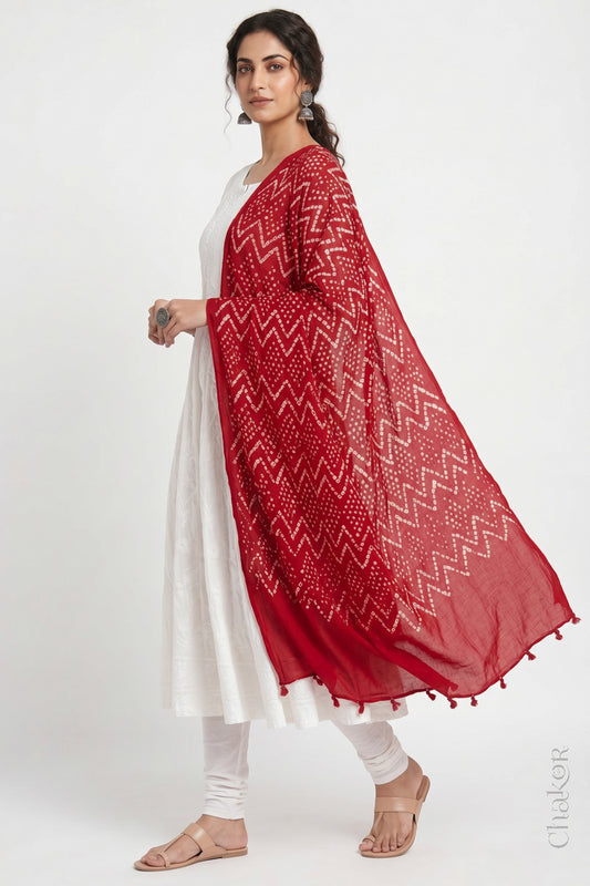 Red Bandhani Mul Cotton Dupatta | Kutch Tie-Dye