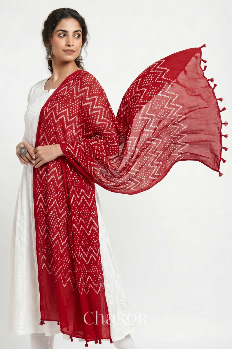 Hand tied Red Kutch Bandhani dupatta in pure mercerised mulmul cotton worn by model.
