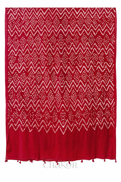 Full view of Red Kutch Bandhani dupatta in pure mercerised mulmul cotton.
