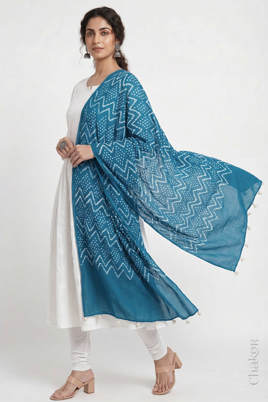Turquoise Bandhani Mul Cotton Dupatta | Kutch Tie-Dye