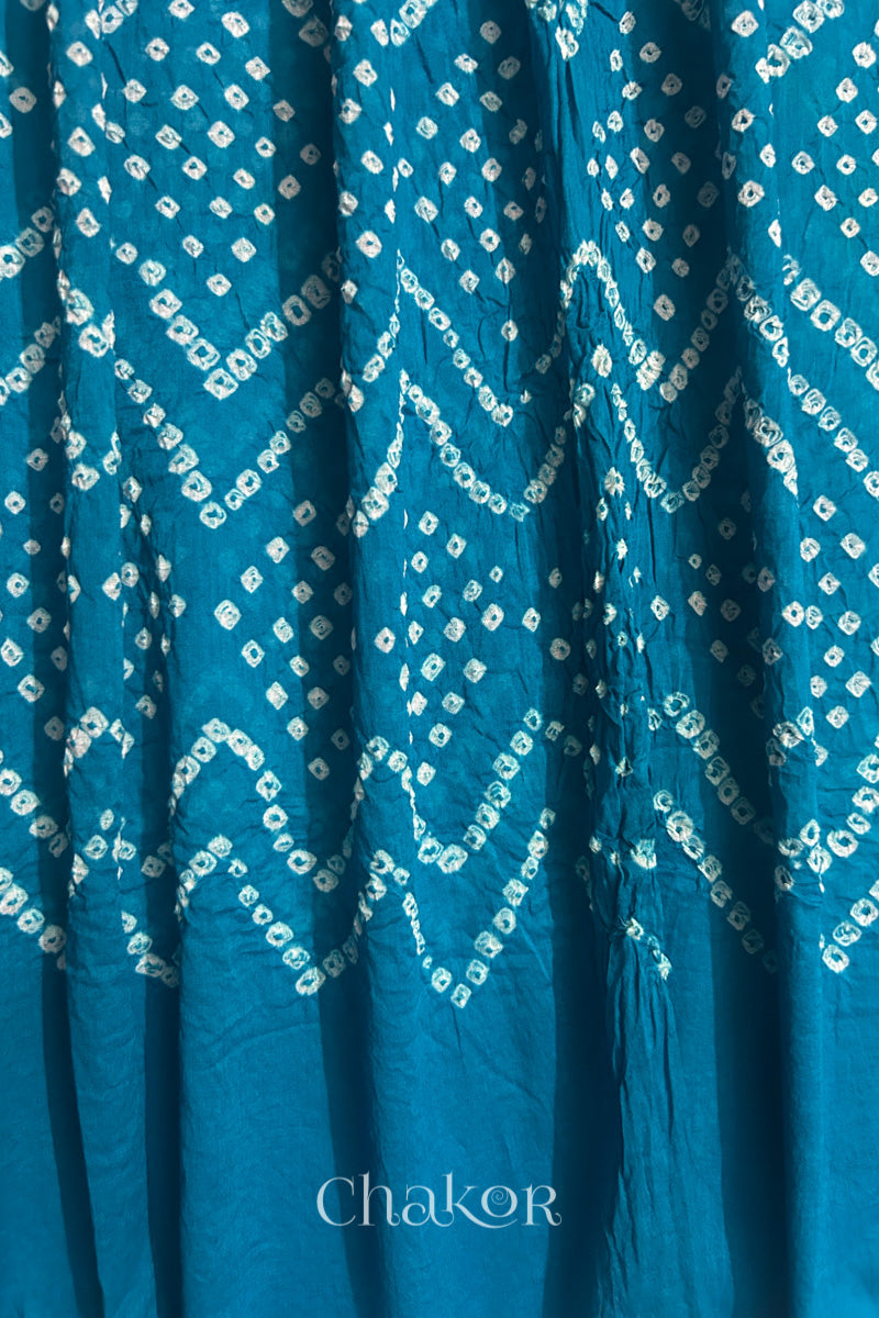 Detailed view of Bandhani tie-dye pattern and fabric fall on Turquoise Blue cotton dupatta.