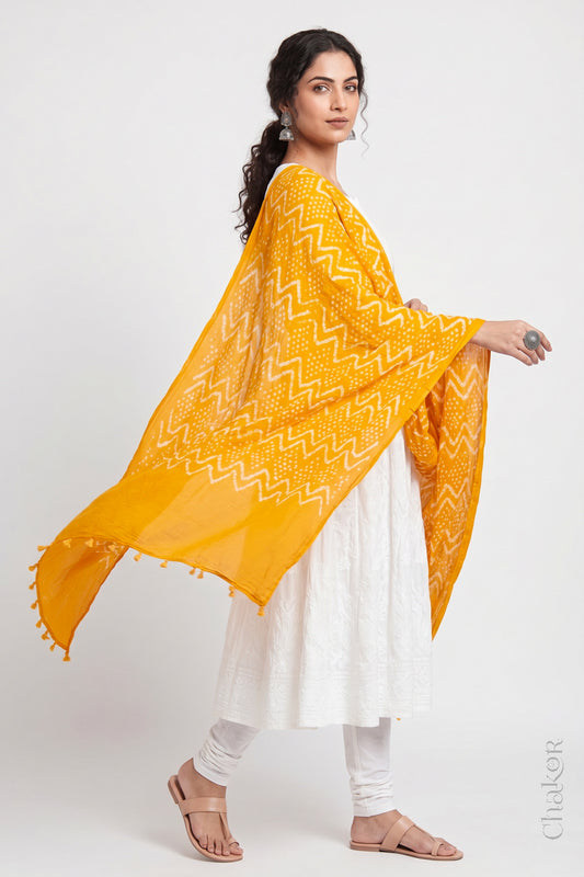 Yellow Bandhani Mul Cotton Dupatta | Kutch Tie-Dye