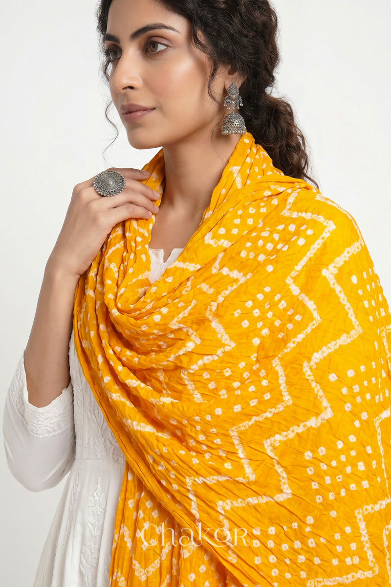 Yellow Kutch Bandhani mulmul dupatta wrapped around woman's neck.
