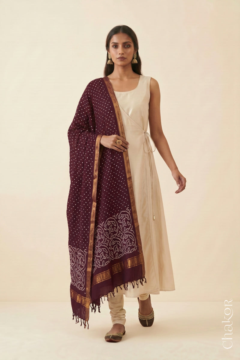 Maroon Bandhani handloom Mangalgiri cotton dupatta showing its white dotted pattern and zari border.
