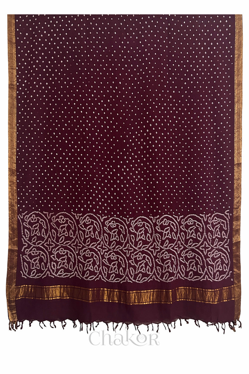 Maroon Bandhani Mangalgiri cotton dupatta shown in full, with white dotted pattern and zari border.
