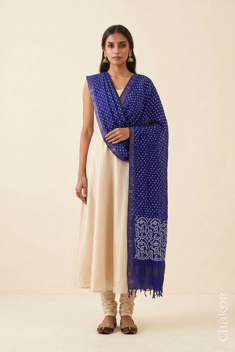 Navy blue Bandhani handloom Mangalgiri cotton dupatta showing its white dotted pattern and zari border.
