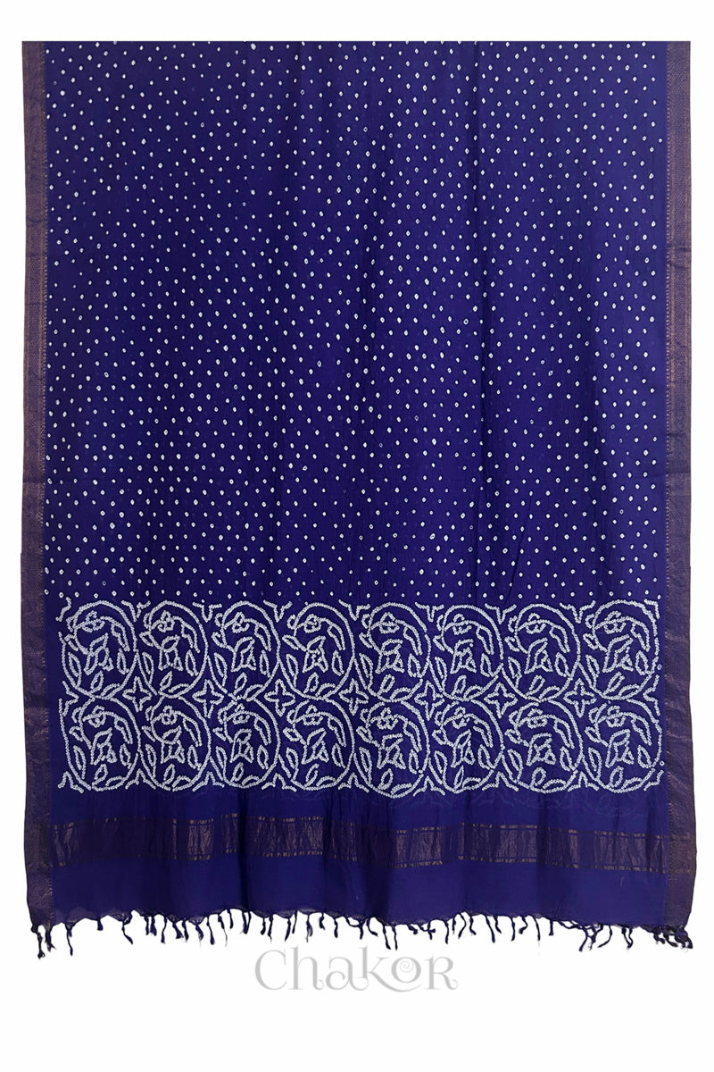 Navy blue Bandhani Mangalgiri cotton dupatta shown in full, with white dotted pattern and zari border.
