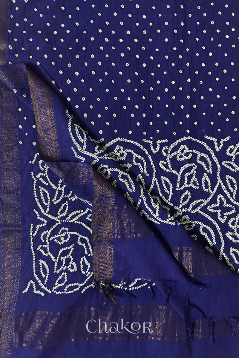 Navy blue Bandhani Mangalgiri cotton dupatta flat view, showing the patterned pallu and golden zari detailing.
