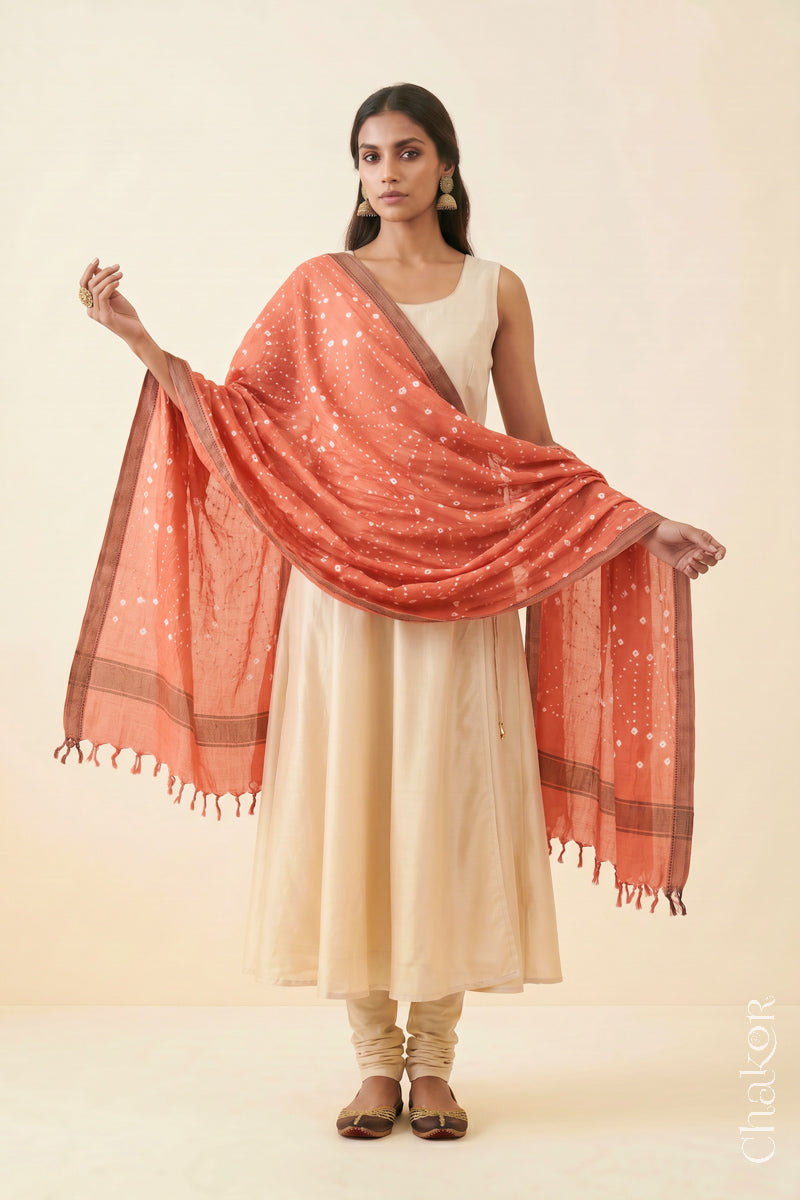 Peach Bandhani Mangalgiri cotton dupatta worn by a woman, showing the zari border and pallu.
