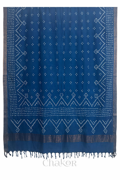 Indigo Blue Bandhani Mangalgiri cotton dupatta shown in full, with white dotted pattern and zari border.
