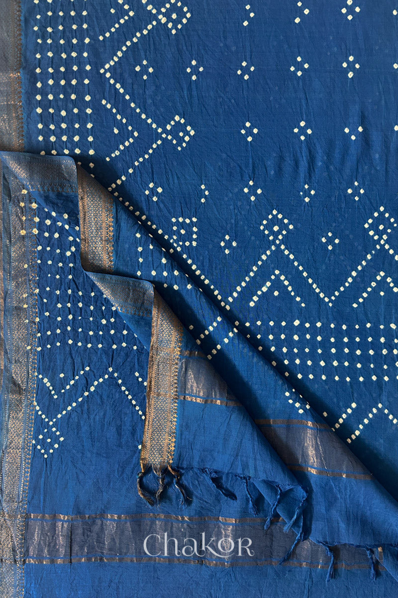 Indigo Blue Bandhani Mangalgiri cotton dupatta flat view, showing the patterned pallu and golden zari detailing.
