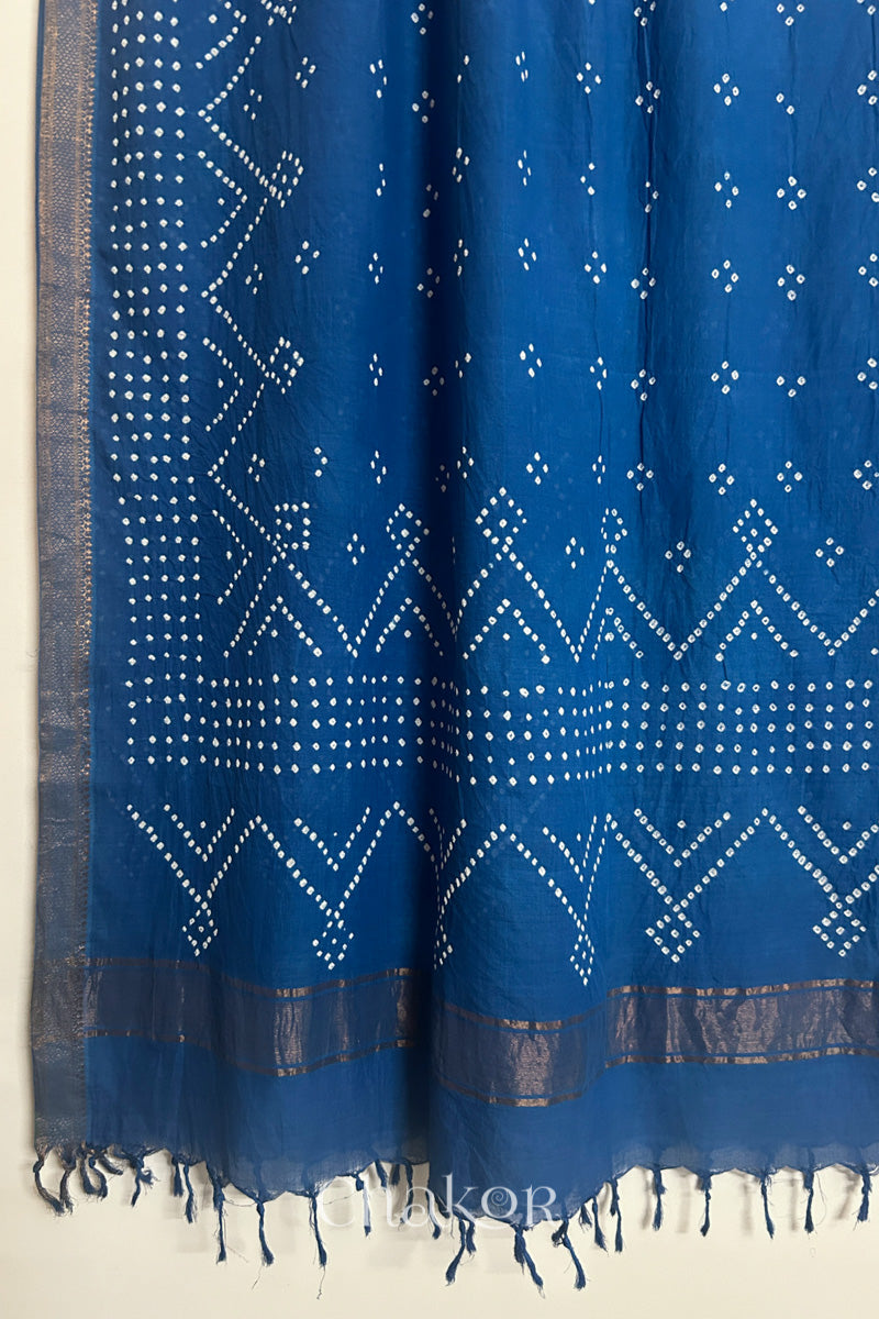 Indigo Blue Bandhani Mangalgiri cotton dupatta, showing the draped of patterned pallu, golden zari detailing and tassels.
