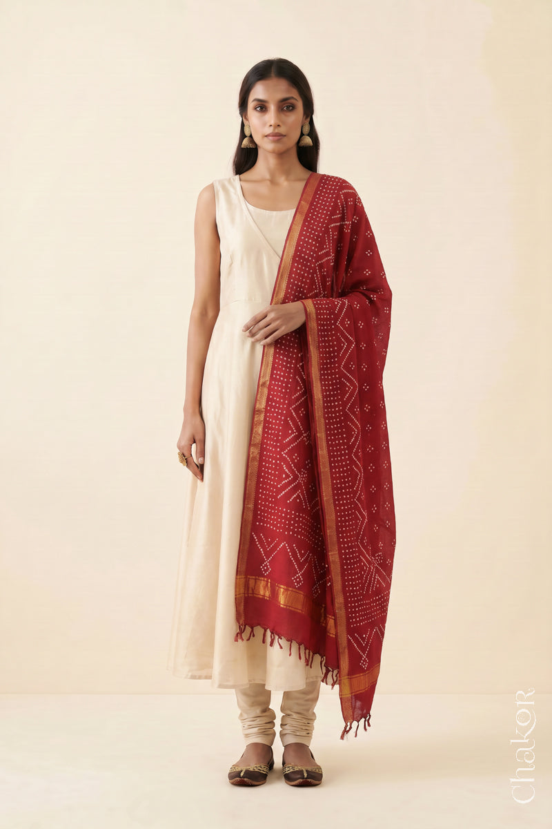 Red Bandhani handloom Mangalgiri cotton dupatta showing its white dotted pattern and zari border.
