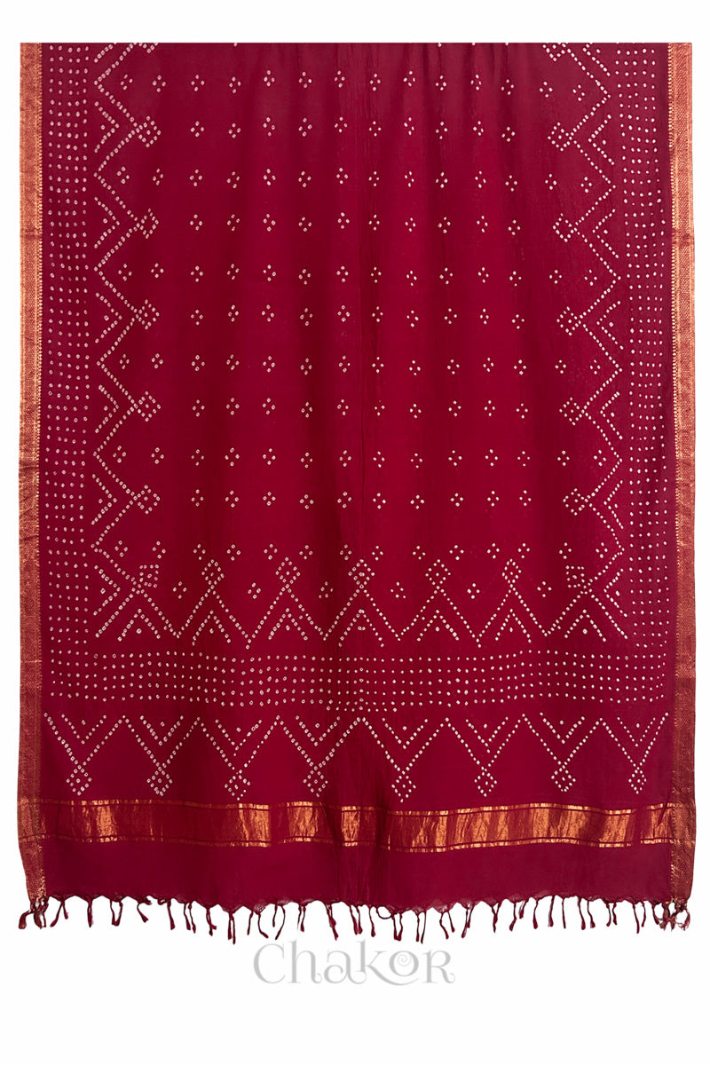 Red Bandhani Mangalgiri cotton dupatta shown in full, with white dotted pattern and zari border.
