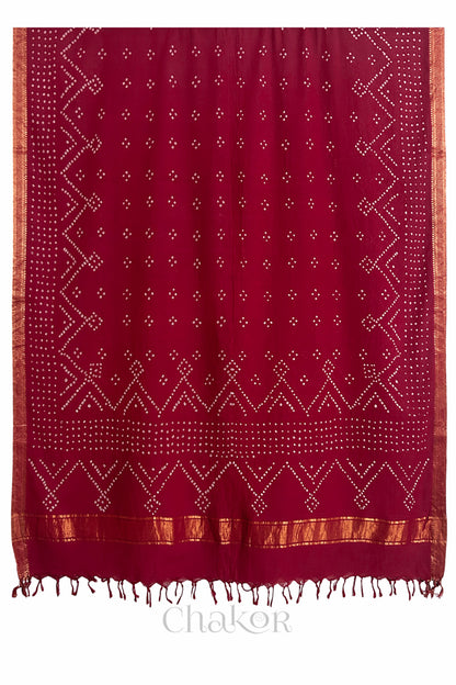 Red Bandhani Mangalgiri cotton dupatta shown in full, with white dotted pattern and zari border.
