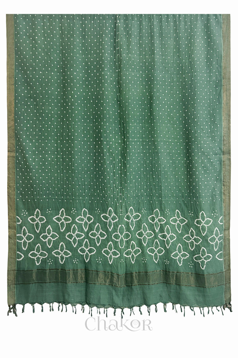 Moss Green Bandhani Mangalgiri cotton dupatta shown in full, with white dotted pattern and zari border.
