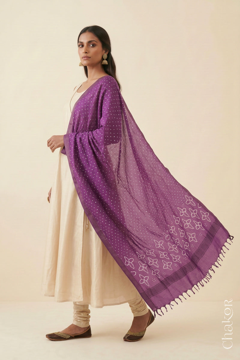 Mauve Bandhani handloom Mangalgiri cotton dupatta worn by a woman, shown in motion.
