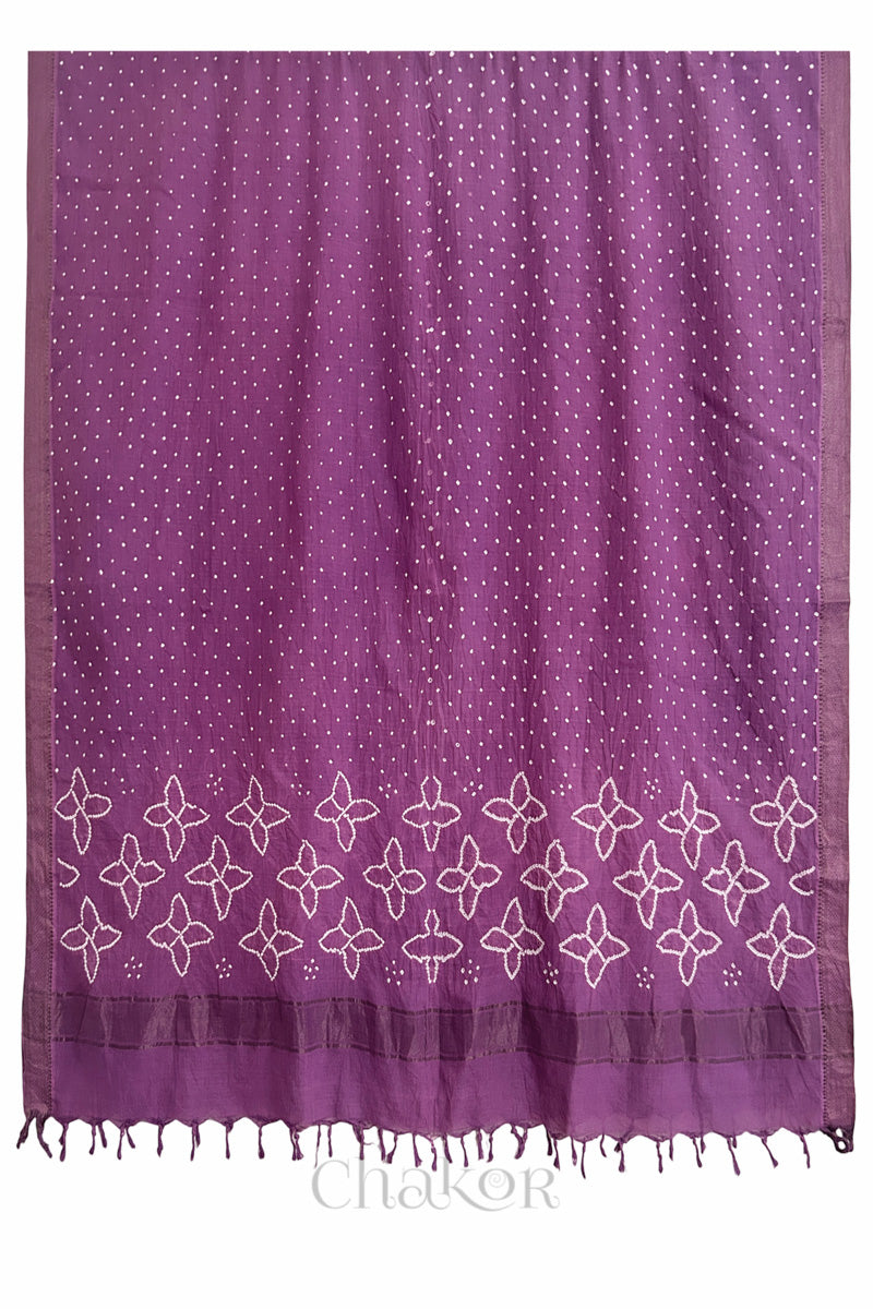 Mauve Bandhani Mangalgiri cotton dupatta shown in full, with white dotted pattern and zari border.
