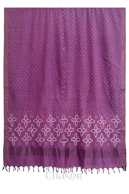 Mauve Bandhani Mangalgiri cotton dupatta shown in full, with white dotted pattern and zari border.
