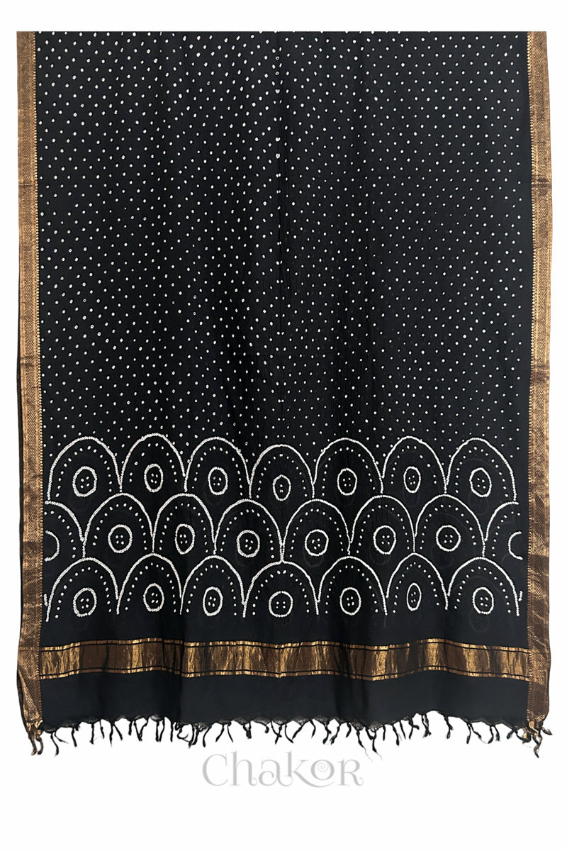 Black Bandhani Mangalgiri cotton dupatta shown in full, with white dotted pattern and zari border.
