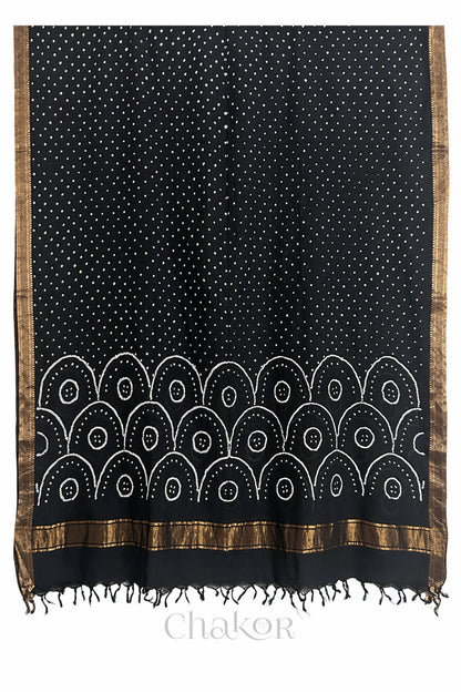 Black Bandhani Mangalgiri cotton dupatta shown in full, with white dotted pattern and zari border.
