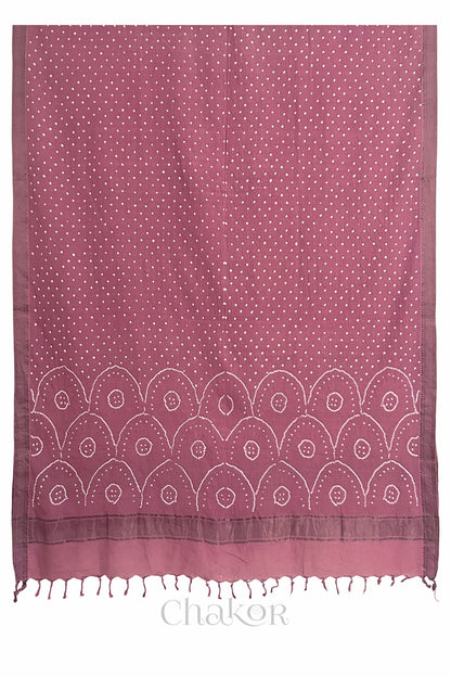 Old Rose Pink Bandhani Mangalgiri cotton dupatta shown in full, with white dotted pattern and zari border.
