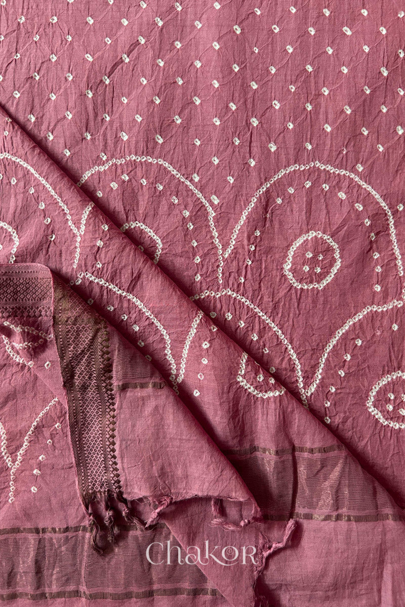 Old Rose Pink Bandhani Mangalgiri cotton dupatta flat view, showing the patterned pallu and golden zari detailing.
