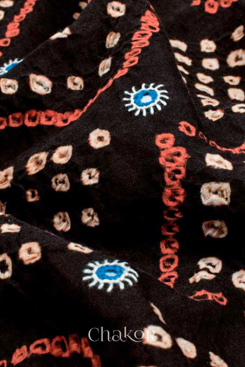 Close up of Handcrafted Blue Bandhani Cotton Kurta and Indigo Blue Pant Set with Dupatta with traditional design and hand embroidery.