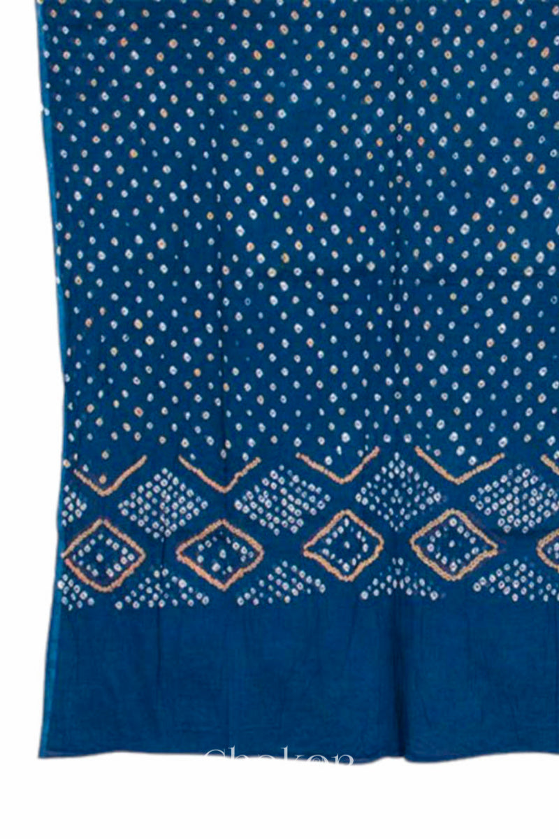 Dupatta detail of Handcrafted Blue Bandhani Cotton Kurta and Indigo Blue Pant Set with Dupatta with traditional design and hand embroidery.