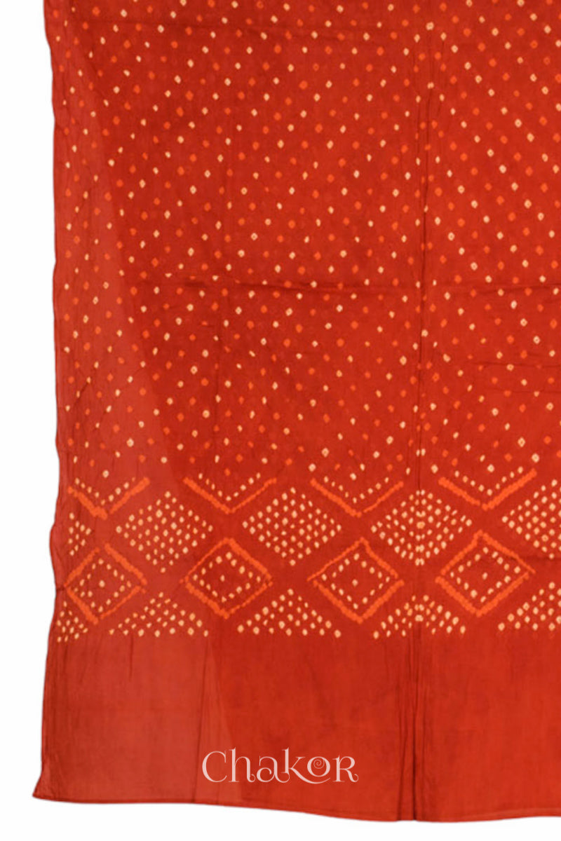 Dupatta detail of Handcrafted Brown Bandhani Cotton Kurta and Rust Pant Set with Dupatta with traditional design and hand embroidery.