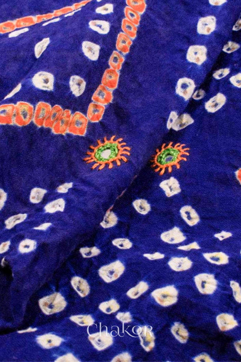 Close up of Handcrafted Blue Bandhani Cotton Kurta and Mehendi green Pant Set with Dupatta with traditional design and hand embroidery.