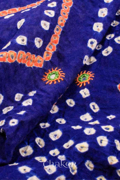 Close up of Handcrafted Blue Bandhani Cotton Kurta and Mehendi green Pant Set with Dupatta with traditional design and hand embroidery.
