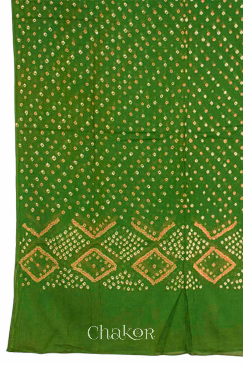 Dupatta detail of Handcrafted Blue Bandhani Cotton Kurta and Mehendi green Pant Set with Dupatta with traditional design and hand embroidery.