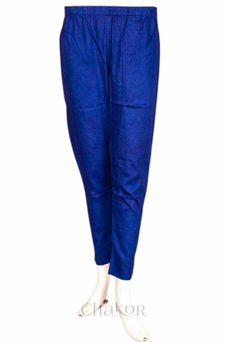 Pant view from Handcrafted Magenta Bandhani Cotton Kurta and Blue Pant Set with Dupatta with traditional design and hand embroidery.