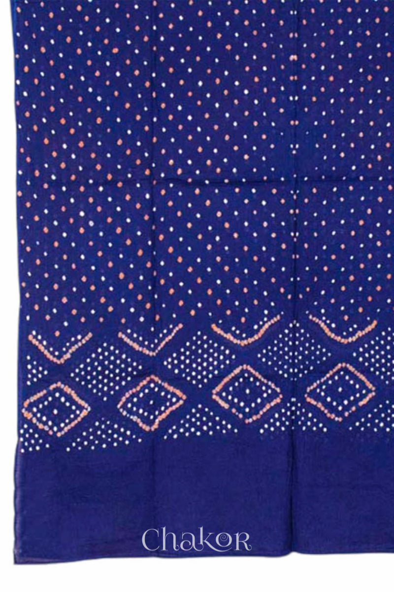 Dupatta view of Handcrafted Magenta Bandhani Cotton Kurta and Blue Pant Set with Dupatta with traditional design and hand embroidery.