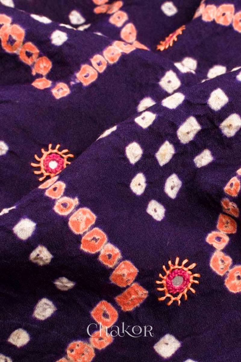 Close up of Handcrafted Purple Bandhani Cotton Kurta and Pink Pant Set with Dupatta with traditional design and hand embroidery.