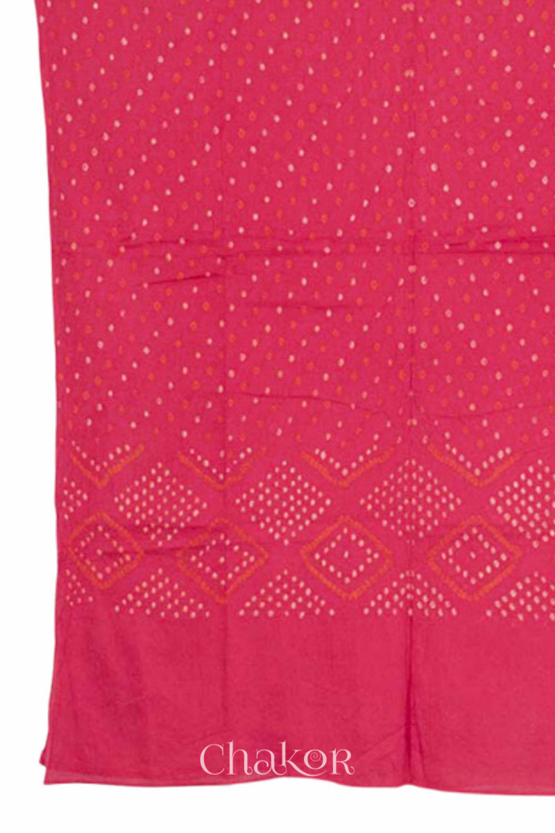 Dupatta detail of Handcrafted Purple Bandhani Cotton Kurta and Pink Pant Set with Dupatta with traditional design and hand embroidery.