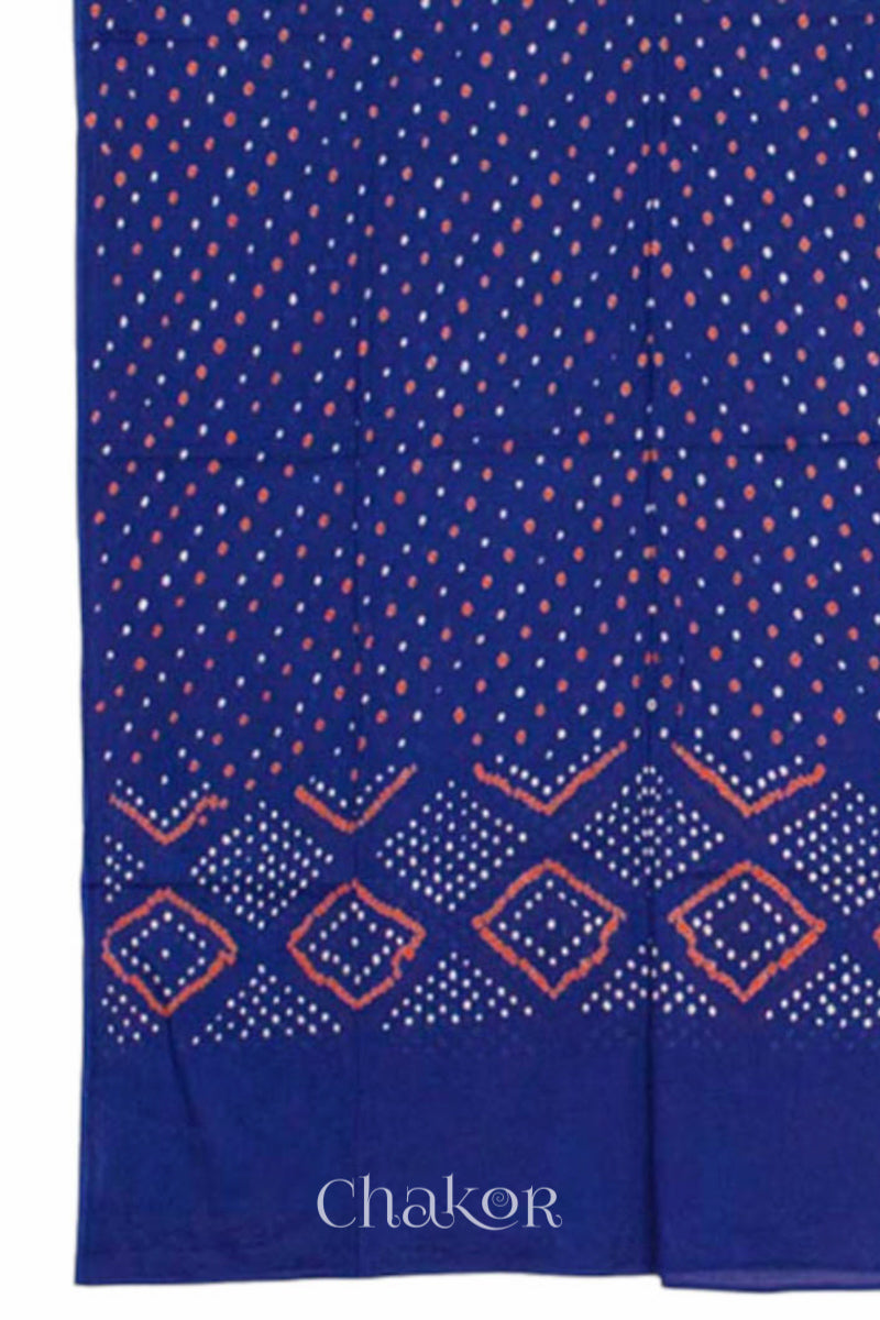 Dupatta view of Handcrafted Rust Bandhani Cotton Kurta and Blue Pant Set with Dupatta with traditional design and hand embroidery.
