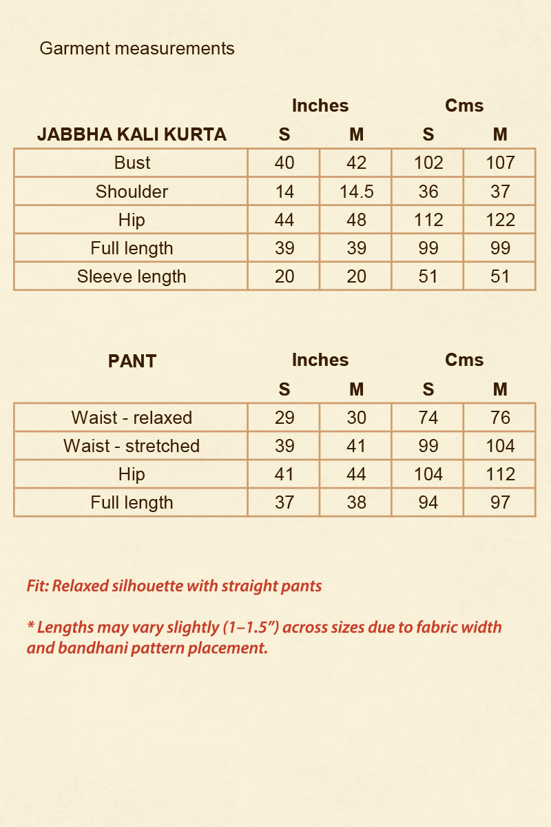 Measurement chart for  Bandhani Jabbha Kali Kurta Cotton pant set with sizes S and M.