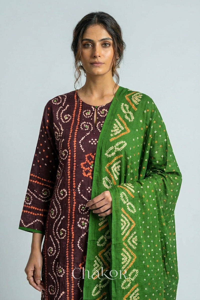 Model wearing Handcrafted Brown Bandhani Cotton Kurta and green Pant Set with Dupatta with traditional floral design and mirror and mukaish hand embroidery.